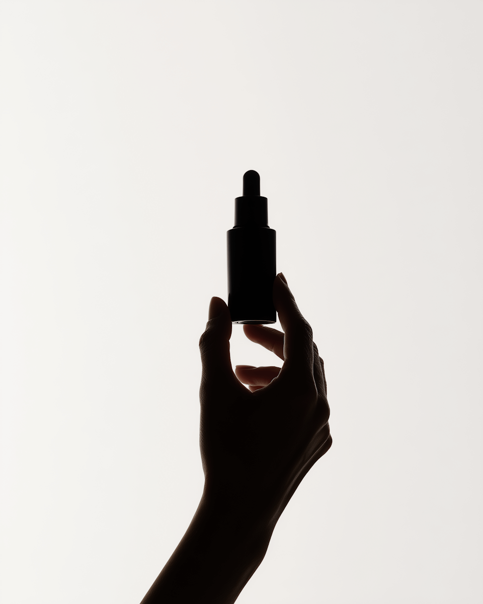 Silhouette of a hand holding a dropper bottle in front of white background