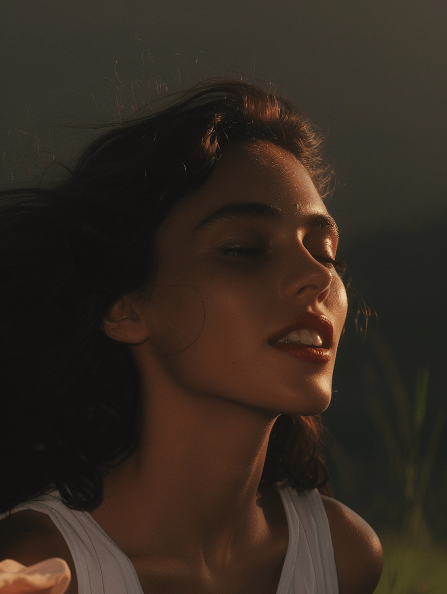 Brunette Woman with relaxed facial expression