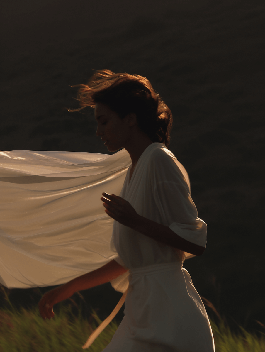 Brunette woman in white dress walking in green grass field 